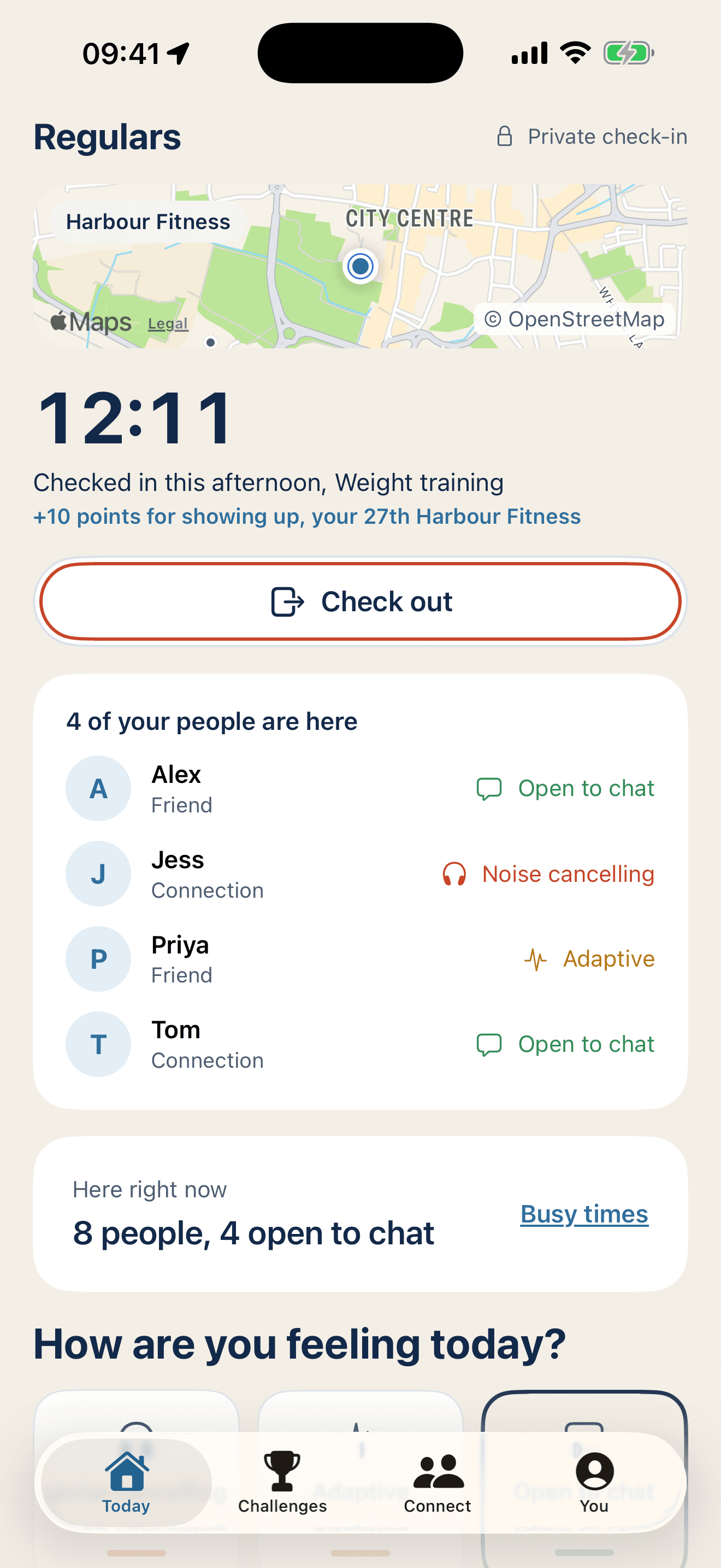 Regulars on an iPhone, checked in at a gym: 12 minutes in, four of your people here with their modes, eight people here and four open to chat