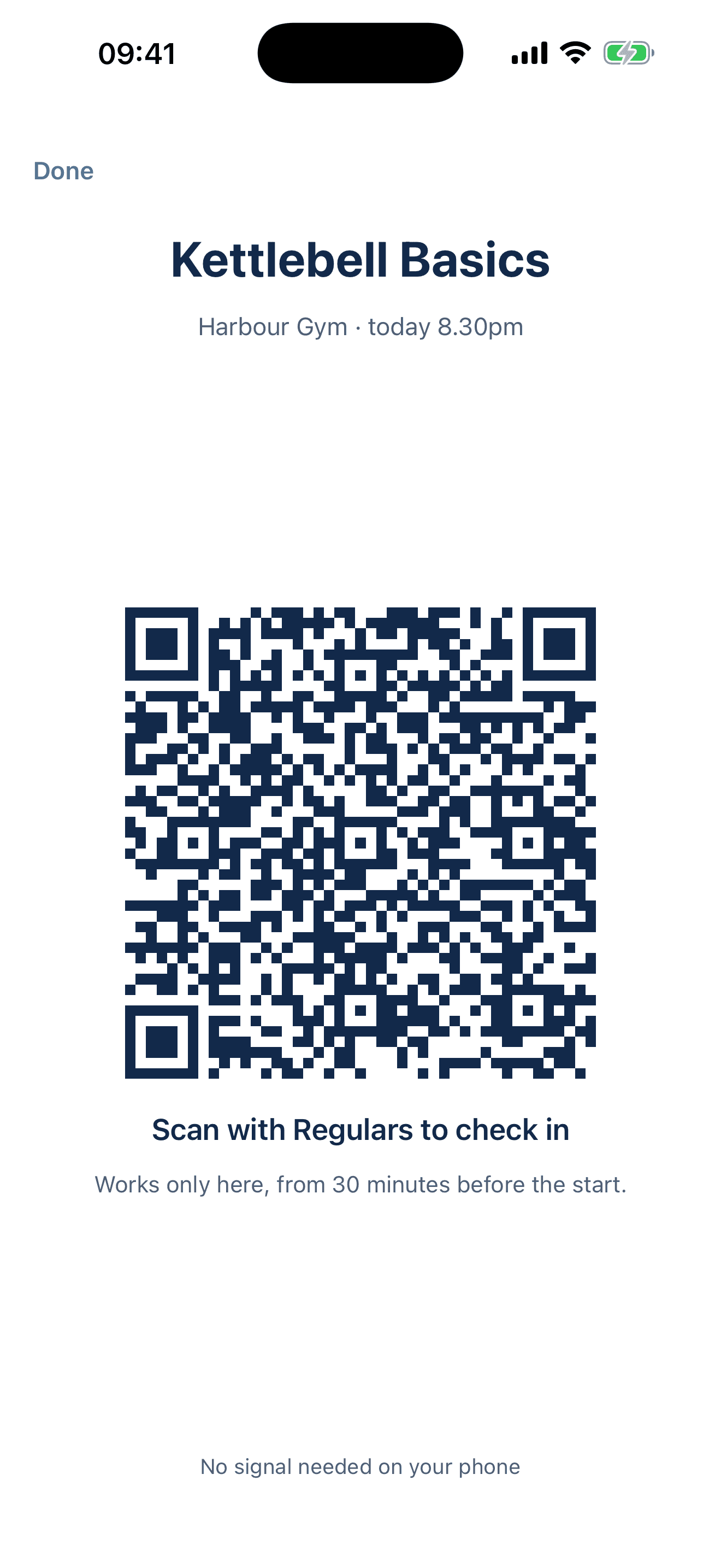 A class's check-in code full screen in Regulars: Kettlebell Basics, Harbour Gym, today 8.30pm. Scan with Regulars to check in. Works only here, from 30 minutes before the start. No signal needed