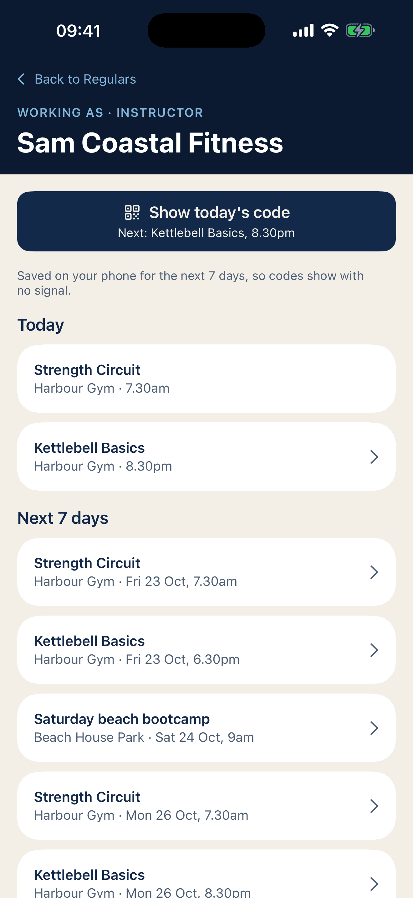 Business mode in Regulars, working as an instructor: Show today's code, next Kettlebell Basics at 8.30pm; today's classes at Harbour Gym; the next seven days