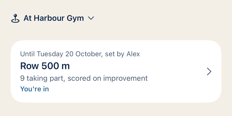 A challenge at Harbour Gym in Regulars: Row 500 m, 9 taking part, scored on improvement